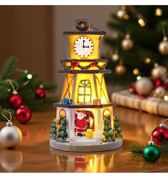 Creative Led Resin Mini House Decoration Illuminated Clock Tower For Christmas Holiday Gift Seasonal Decorations