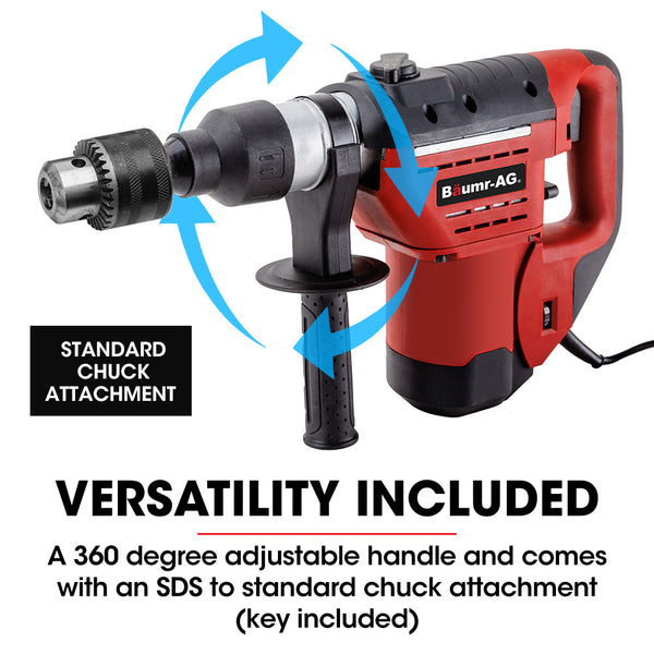 Baumr Ag 1500W Pro Grade Electric Rotary Jackhammer Hammer Drill With 2 Bonus Chisels 3 Bits Jackhammers