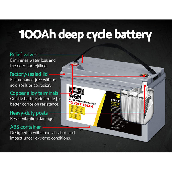 Giantz Agm Deep Cycle Battery 12V 100Ah X2 Box Portable Solar Camping Battery Testers