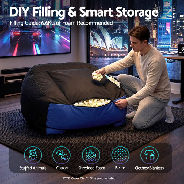 Artiss Gaming Bean Bag Chair Cover Blue/Black Splash Proof Side Pockets Bean Bags & Inflatables