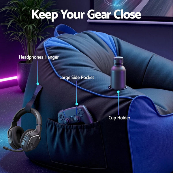 Artiss Gaming Bean Bag Chair Cover Blue/Black Splash Proof Side Pockets Bean Bags & Inflatables