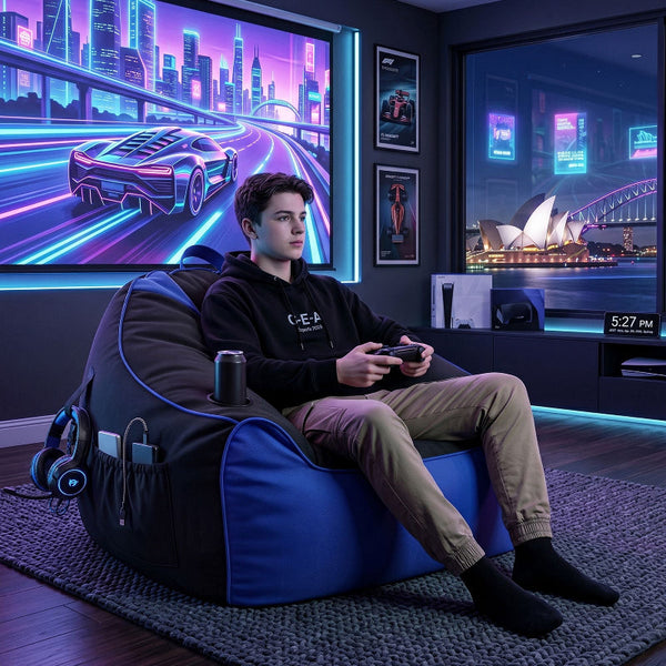 Artiss Gaming Bean Bag Chair Cover Blue/Black Splash Proof Side Pockets Bean Bags & Inflatables