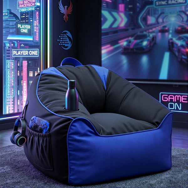 Artiss Gaming Bean Bag Chair Cover Blue/Black Splash Proof Side Pockets Bean Bags & Inflatables