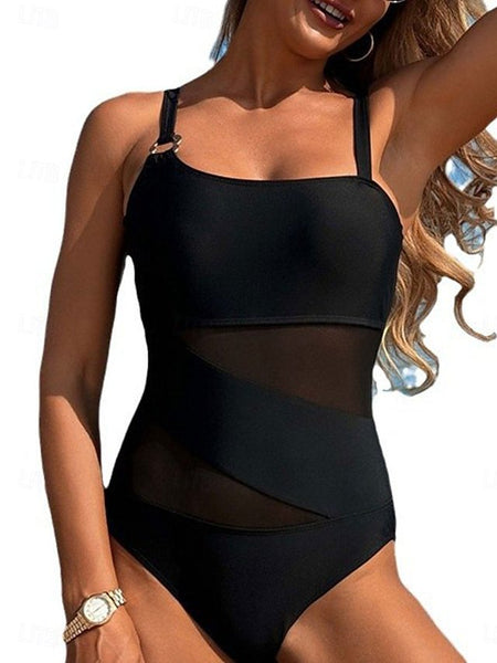 One Piece Bikini  Solid Color Splicing Swimsuit Women's Netted Swimwear