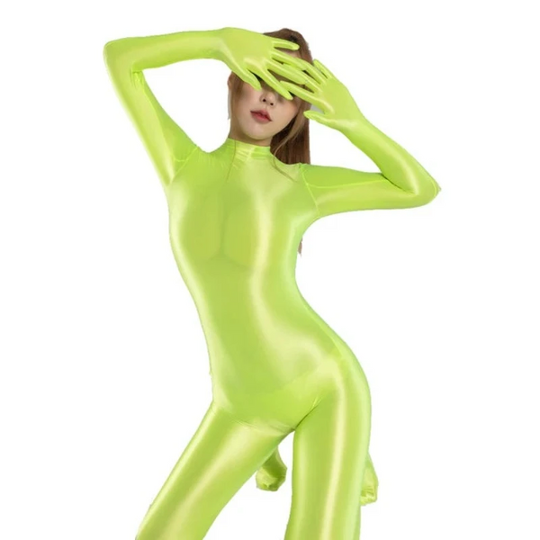 Shiny Glossy Satin  Women's Long Sleeve Finger Gloves Zipper Back Full Length One Piece Bodysuit Silky Tights Zentai Catsuit Gloves & Mittens