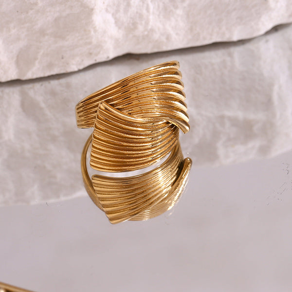 Veile Studios Retro Hand Decorated Geometric Fan Shaped Stripe Cross Ring For Women Rings