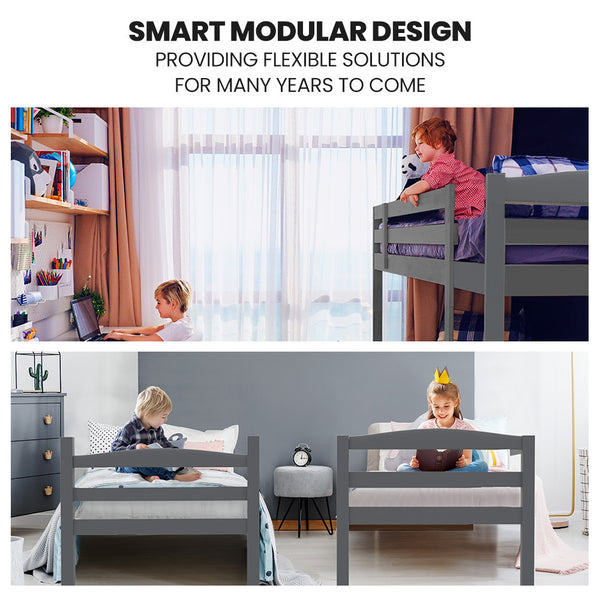 Kingston Slumber Single Bunk Bed Frame Solid Pine 2 In 1 Modular Design Converts To Beds For Kids Grey Single Bed Frames