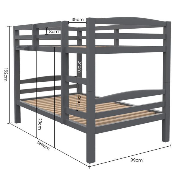 Kingston Slumber Single Bunk Bed Frame Solid Pine 2 In 1 Modular Design Converts To Beds For Kids Grey Single Bed Frames