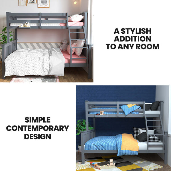 Kingston Slumber Bunk Bed Triple Wooden Single Over Double Beds For Kids Solid Pine Convertible Design Grey Double Bed Frames
