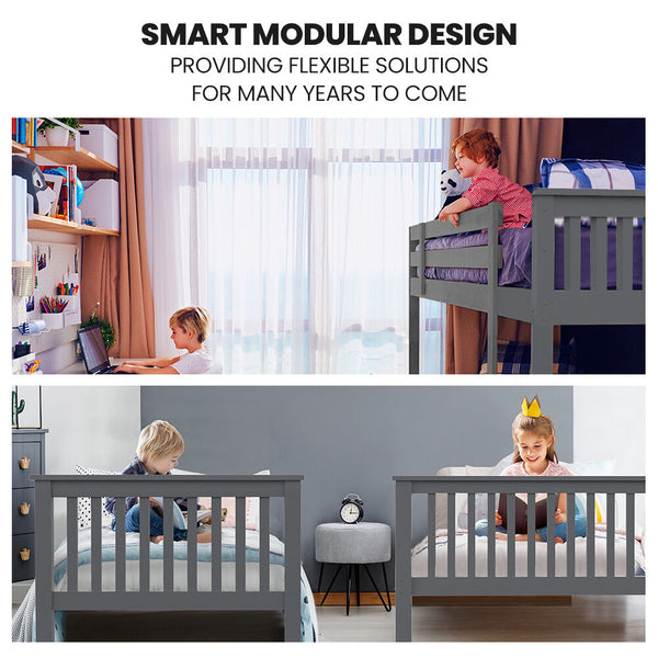 Kingston Slumber Bunk Bed Triple Wooden Single Over Double Beds For Kids Solid Pine Convertible Design Grey Double Bed Frames