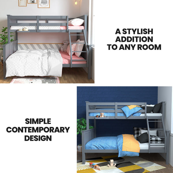 Kingston Slumber Triple Wooden Single Over Double Bunk Bed Frame For Kids Convertible Design Grey Single Bed Frames