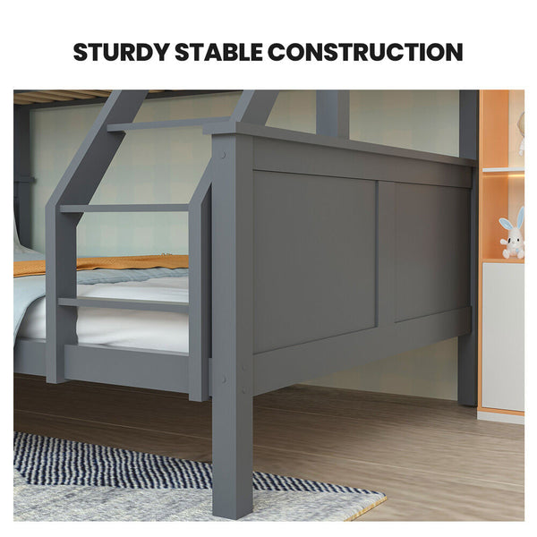 Kingston Slumber Triple Wooden Single Over Double Bunk Bed Frame For Kids Convertible Design Grey Single Bed Frames