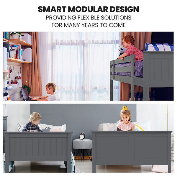 Kingston Slumber Triple Wooden Single Over Double Bunk Bed Frame For Kids Convertible Design Grey Single Bed Frames