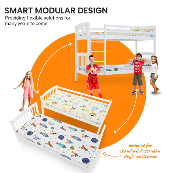 Kingston Slumber Wooden Kids Bunk Bed Frame With Modular Design That Can Convert To 2 Single White Single Bed Frames