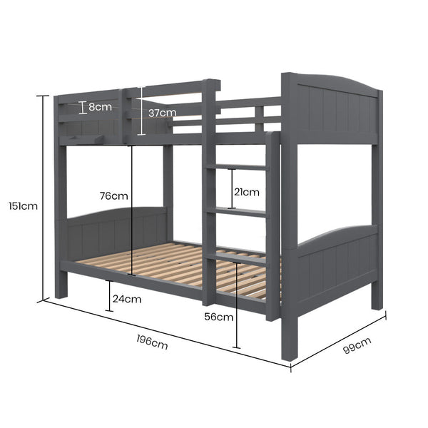 Kingston Slumber Single Bunk Bed Frame Solid Pine 2 In 1 Modular Design Convert To Beds Grey Single Bed Frames