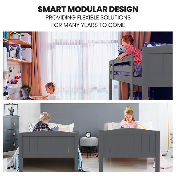 Kingston Slumber Single Bunk Bed Frame Solid Pine 2 In 1 Modular Design Convert To Beds Grey Single Bed Frames