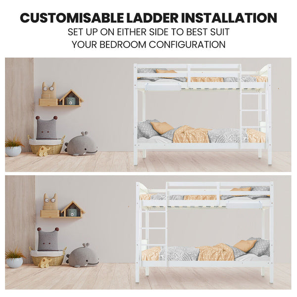 Kingston Slumber Single Bunk Bed Frame Solid Pine Wood Timber Modular Design White Single Bed Frames