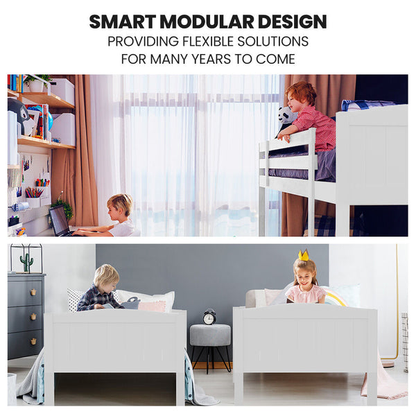 Kingston Slumber Single Bunk Bed Frame Solid Pine Wood Timber Modular Design White Single Bed Frames