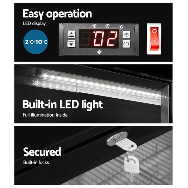 Devanti 198L Bar Fridge Dual Glass Door W/Light Black Wine Fridges