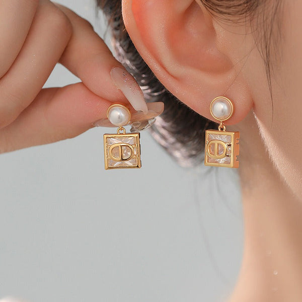 Veile Studios Zircon Pearl Square High Grade Light Luxury Style Silver Needle Earrings