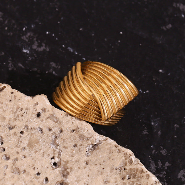 Veile Studios Retro Hand Decorated Geometric Fan Shaped Stripe Cross Ring For Women Rings