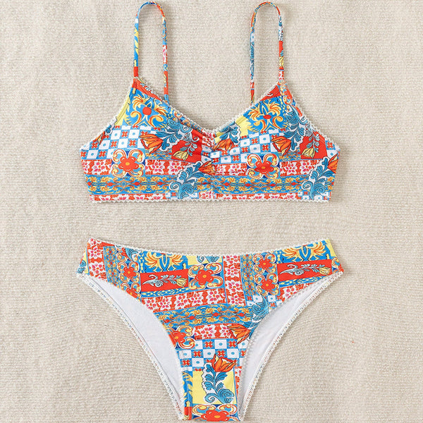 New Bikini Cross Border European And American Foreign Trade Printed Pleated Lace  Separates Swimsuit Swimwear