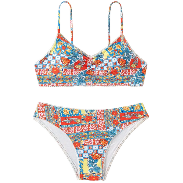New Bikini Cross Border European And American Foreign Trade Printed Pleated Lace  Separates Swimsuit Swimwear