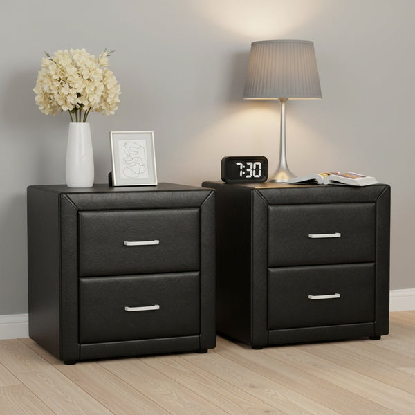 Artiss 2X Bedside Table 2 Drawers Side Table Leather Caden Black Bedside Tables