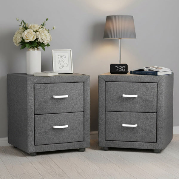 Linen Fabric Bedside Table With Two Drawers Grey Bedroom Furniture Bedside Tables