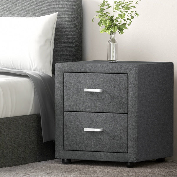 Linen Fabric Bedside Table With Two Drawers Grey Bedroom Furniture Bedside Tables