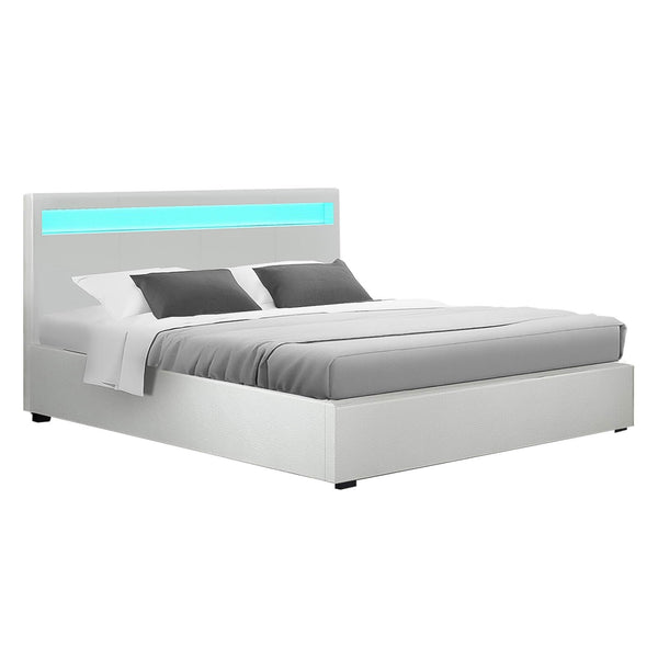 Artiss Bed Frame Double Size Led Gas Lift White Cole Double Bed Frames