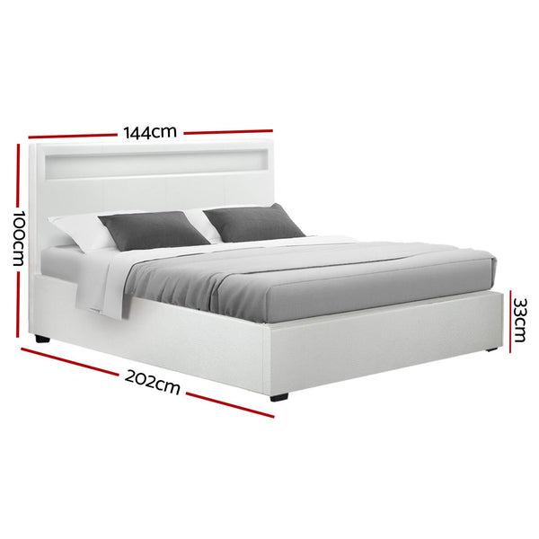 Artiss Bed Frame Double Size Led Gas Lift White Cole Double Bed Frames