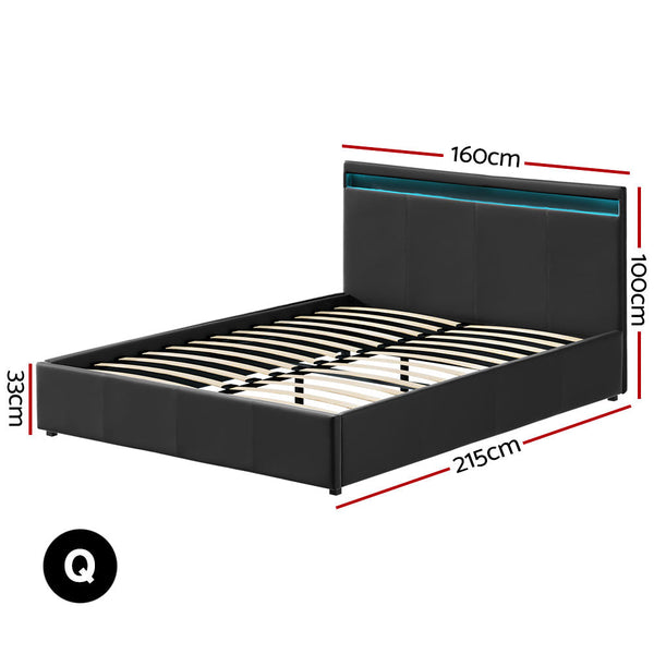 Artiss Bed Frame Queen Size Led Gas Lift Black Cole Queen Bed Frames