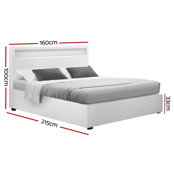 Artiss Bed Frame Queen Size Led Gas Lift White Cole Queen Bed Frames