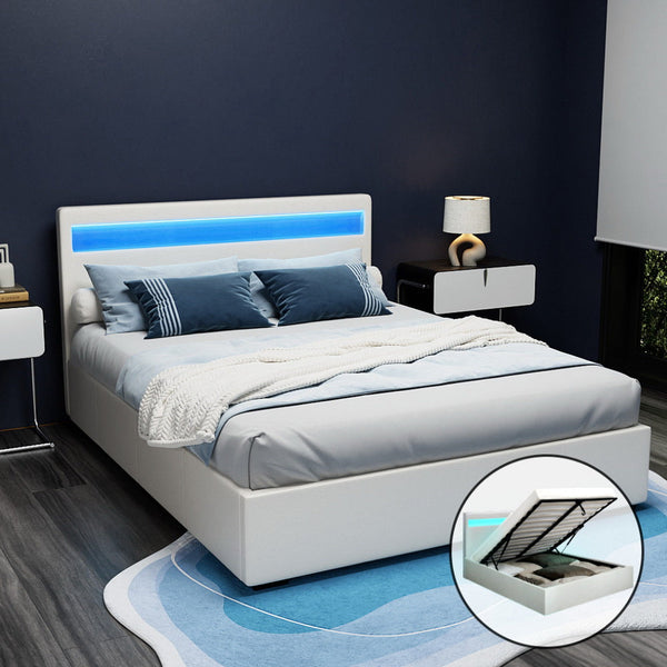 Artiss Bed Frame Queen Size Led Gas Lift White Cole Queen Bed Frames