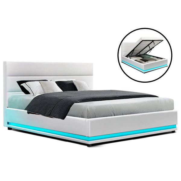 Artiss Bed Frame Double Size Led Gas Lift White Lumi Double Bed Frames