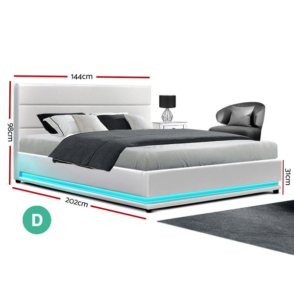 Artiss Bed Frame Double Size Led Gas Lift White Lumi Double Bed Frames