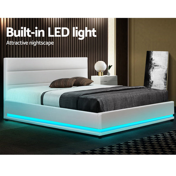 Artiss Bed Frame Double Size Led Gas Lift White Lumi Double Bed Frames