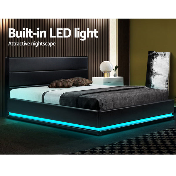 Artiss Bed Frame King Size Led Gas Lift Black Lumi King Bed Frames