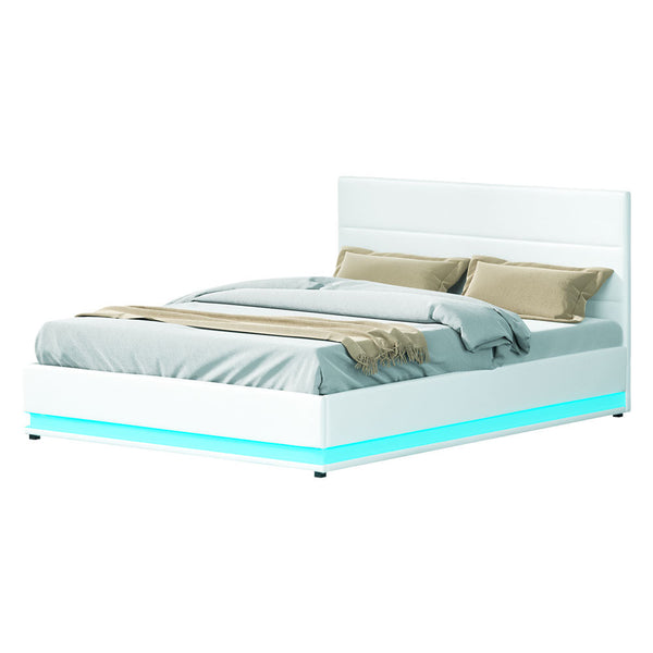 Pvc Leather Queen Bed Frame Gas Lift Storage With Led Lighting White Queen Bed Frames