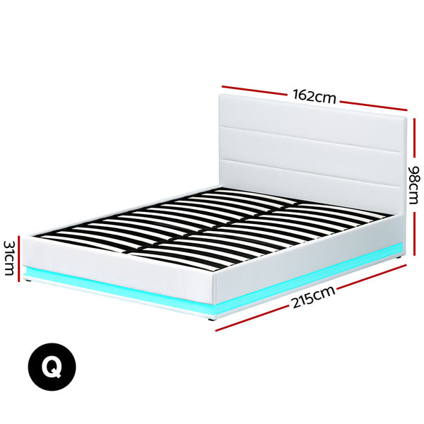 Pvc Leather Queen Bed Frame Gas Lift Storage With Led Lighting White Queen Bed Frames