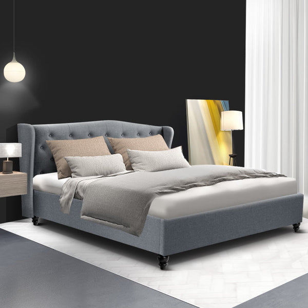 Steel Bed Frame With Tufted Headboard And Linen Upholstery Queen Grey Queen Bed Frames