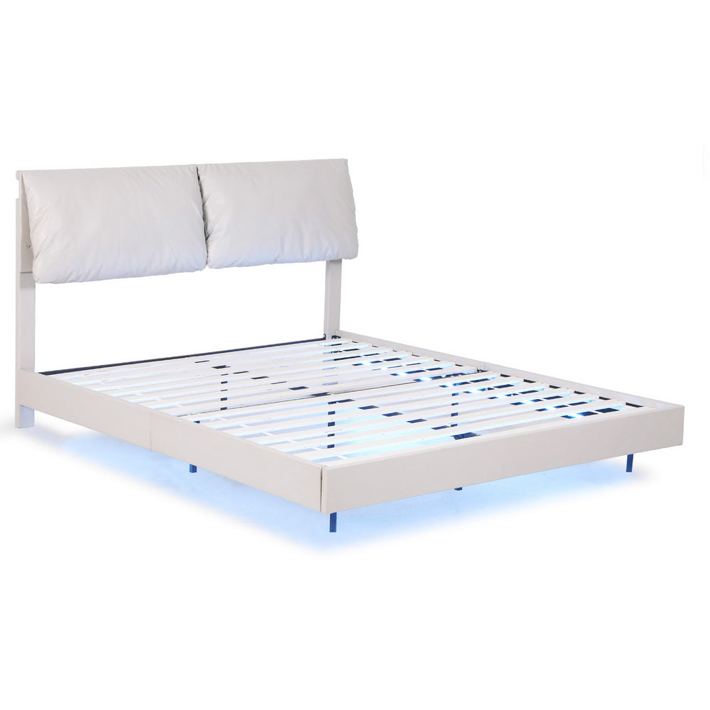 Artiss Queen Bed Frame Rgb Led Floating Beds Adjustable Headboard Beige White Queen Bed Frames