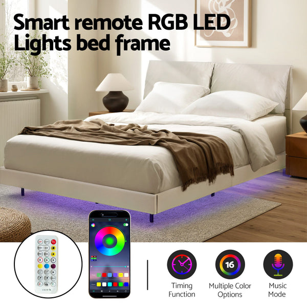 Artiss Queen Bed Frame Rgb Led Floating Beds Adjustable Headboard Beige White Queen Bed Frames