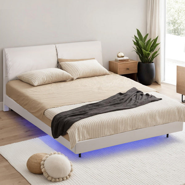 Artiss Queen Bed Frame Rgb Led Floating Beds Adjustable Headboard Beige White Queen Bed Frames