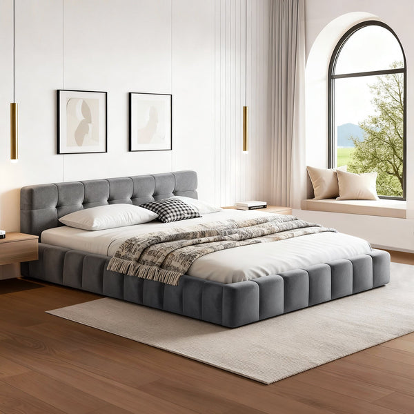 Velvet Double Bed Frame Plush Headboard Platform Base Grey Furniture Double Bed Frames