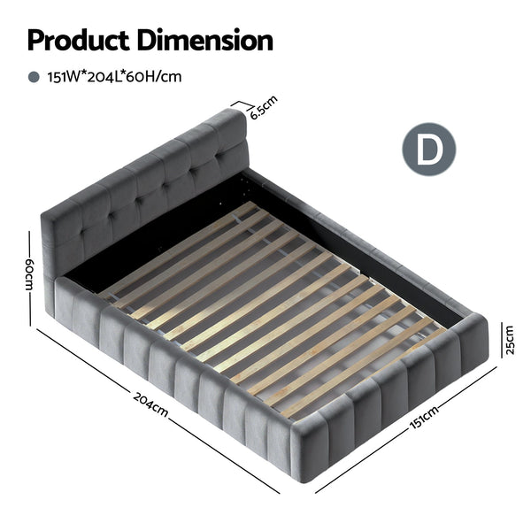 Velvet Double Bed Frame Plush Headboard Platform Base Grey Furniture Double Bed Frames