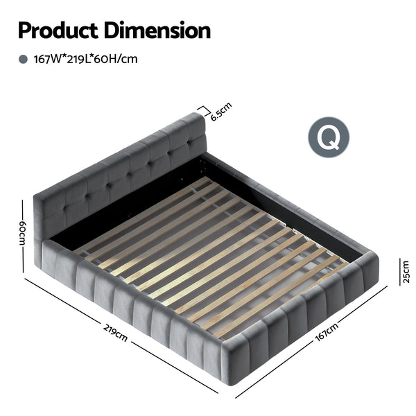 Velvet Queen Bed Frame Plush Headboard Platform Base Grey Furniture Queen Bed Frames