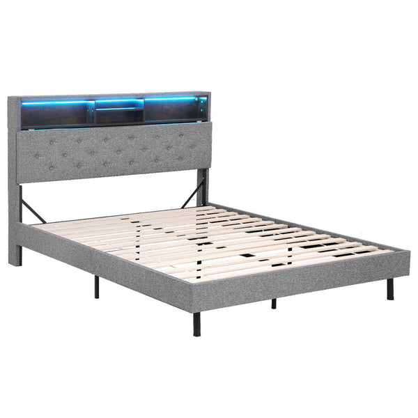 Artiss Bed Frame Double Size Led Mattress Base Platform With Storage Shelf Hidden Box Grey Double Bed Frames