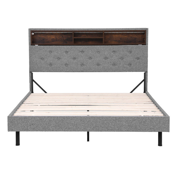 Artiss Bed Frame Double Size Led Mattress Base Platform With Storage Shelf Hidden Box Grey Double Bed Frames